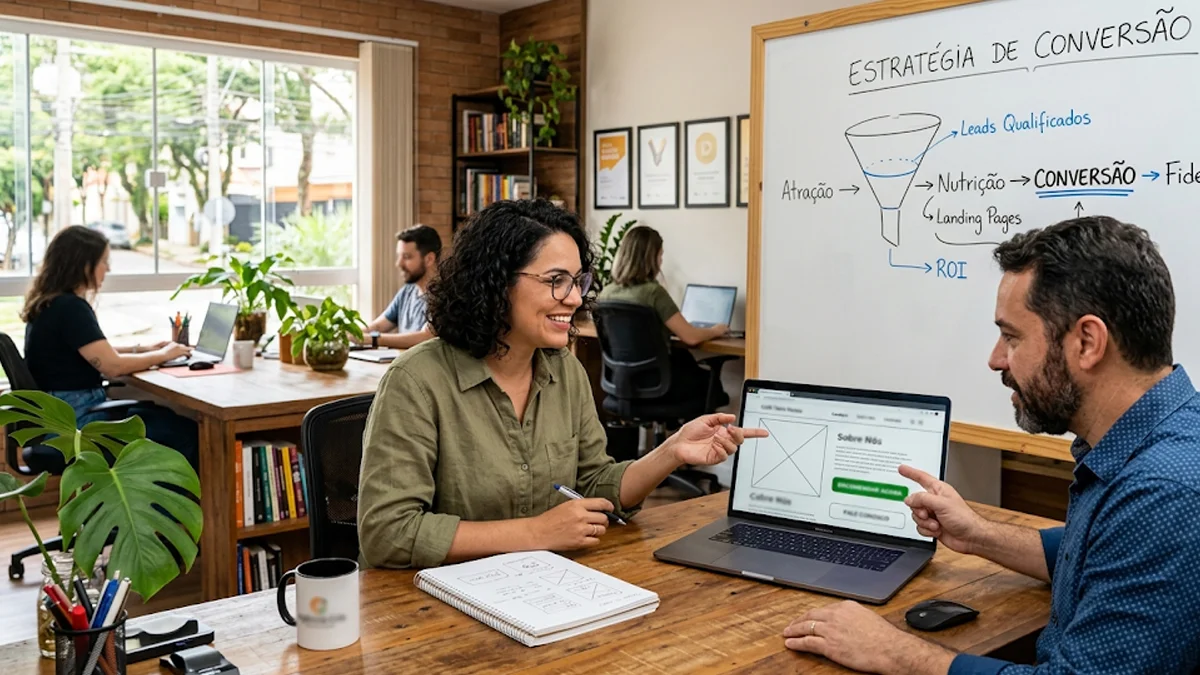 estrategia-design-conversao-site-negocios Equipe de marketing analisando em uma tela as métricas de conversão e melhorias na jornada do usuário em um site corporativo.