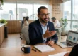 Empresário em escritório analisando gráficos e conceitos de marketing, publicidade e comunicação em um ambiente profissional.