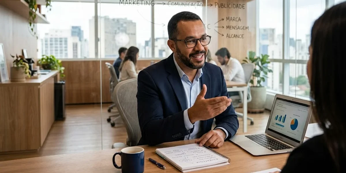 Empresário em escritório analisando gráficos e conceitos de marketing, publicidade e comunicação em um ambiente profissional.