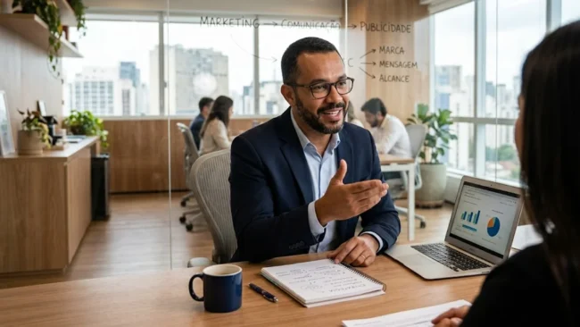 Empresário em escritório analisando gráficos e conceitos de marketing, publicidade e comunicação em um ambiente profissional.