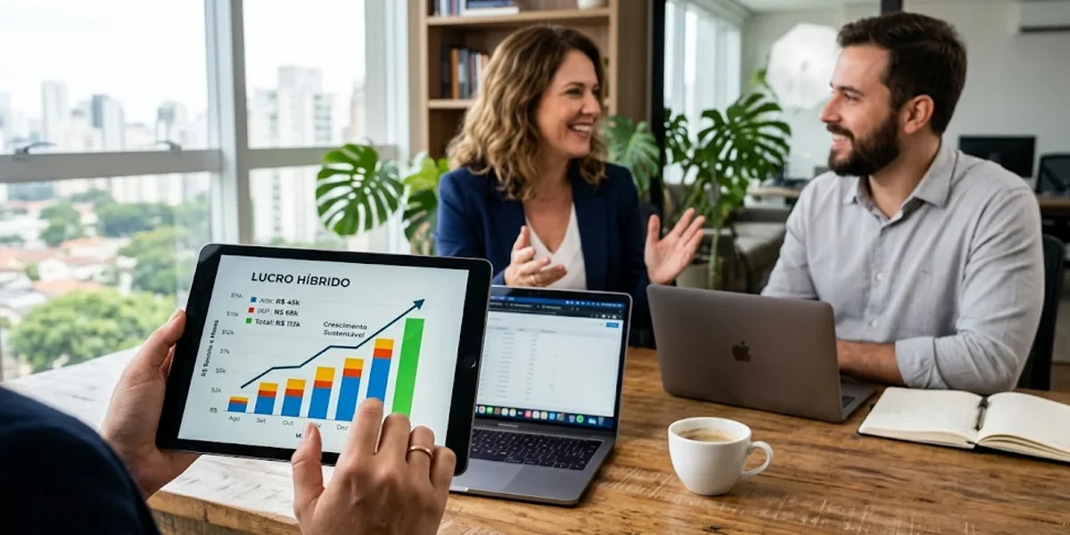 Um consultor de marketing profissional explicando gráficos de crescimento em um tablet para um empreendedor em um escritório moderno.