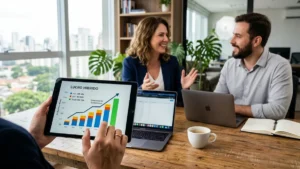 Um consultor de marketing profissional explicando gráficos de crescimento em um tablet para um empreendedor em um escritório moderno.
