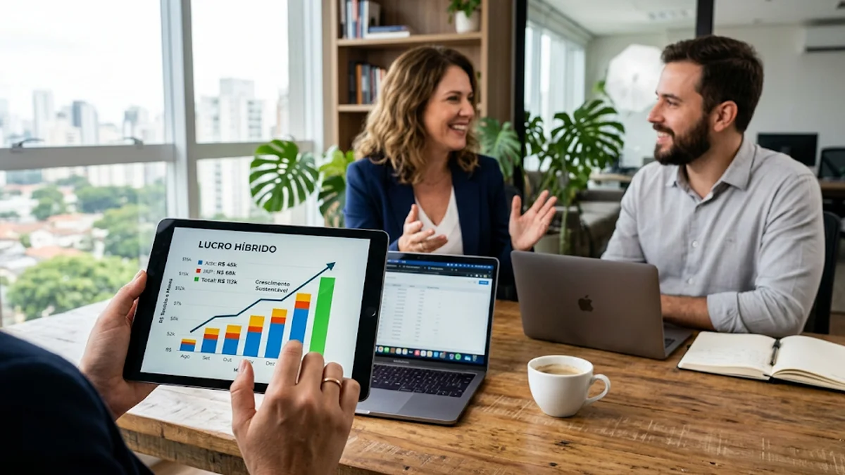 estrategia-monetizacao-hibrida-negocios-digitais Um consultor de marketing profissional explicando gráficos de crescimento em um tablet para um empreendedor em um escritório moderno.