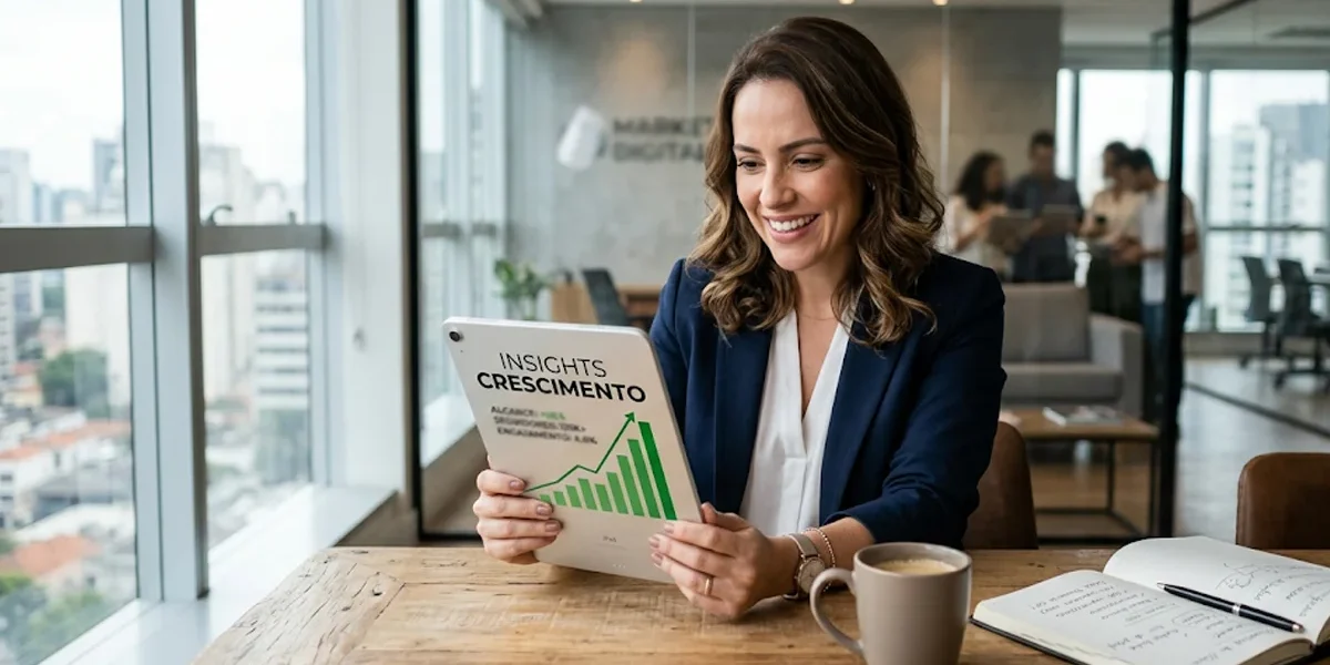 estrategia-seo-instagram-captacao-clientes Empresária sorridente analisando métricas de crescimento orgânico no Instagram através de um tablet em seu escritório moderno.