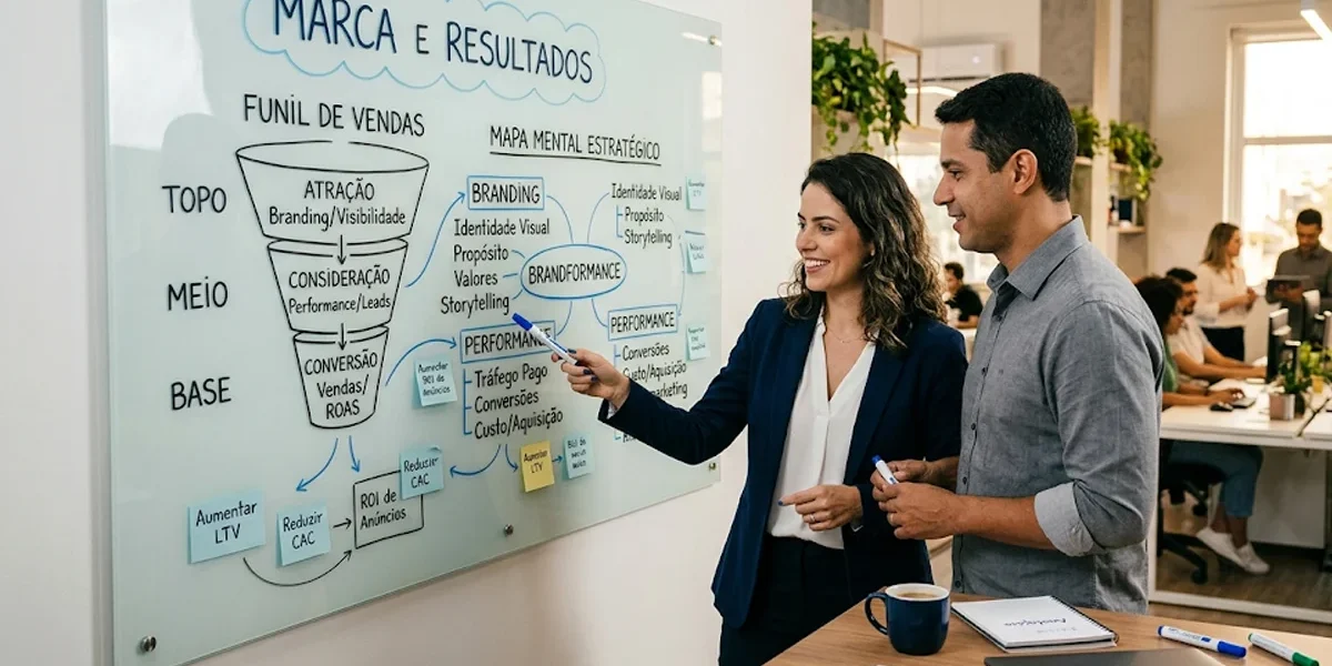 estrategia-brandformance-marketing-digital Profissionais em uma mesa de escritório analisando gráficos de desempenho de campanhas de branding e performance.