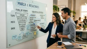 Profissionais em uma mesa de escritório analisando gráficos de desempenho de campanhas de branding e performance.