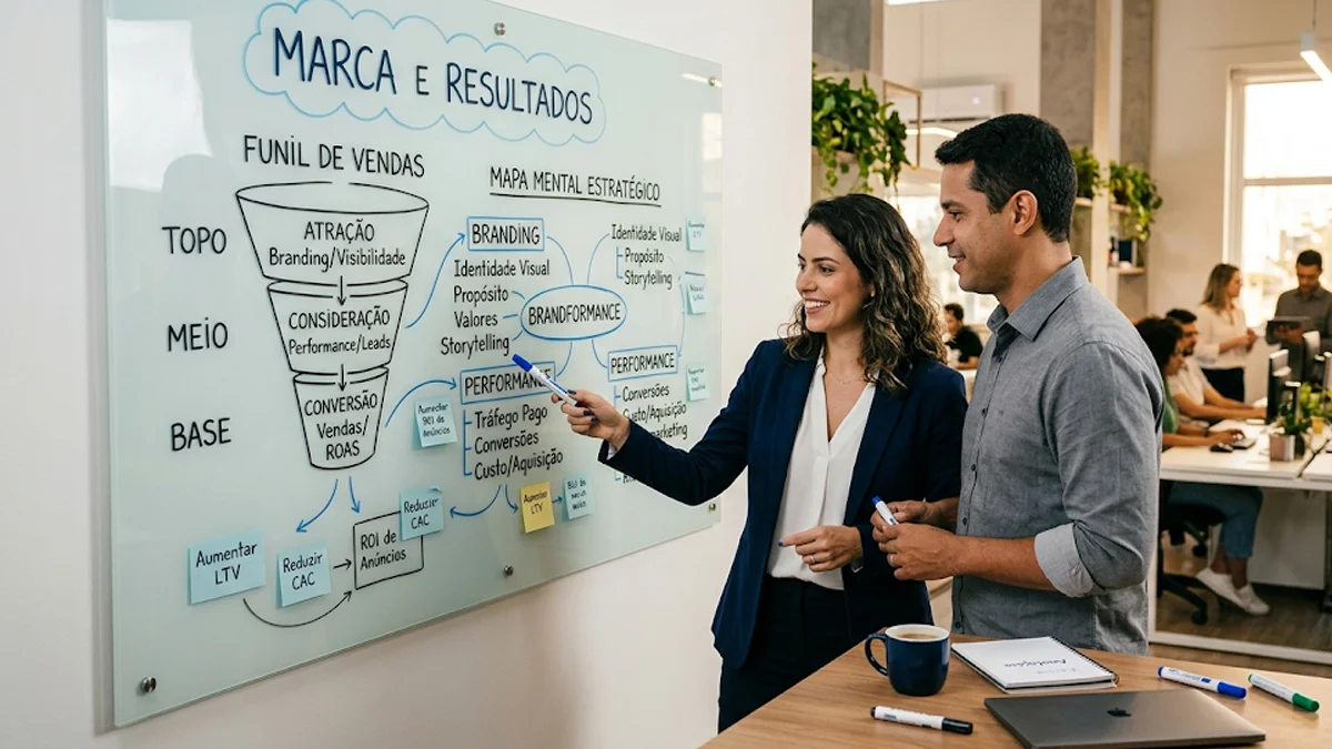 estrategia-brandformance-marketing-digital Profissionais em uma mesa de escritório analisando gráficos de desempenho de campanhas de branding e performance.