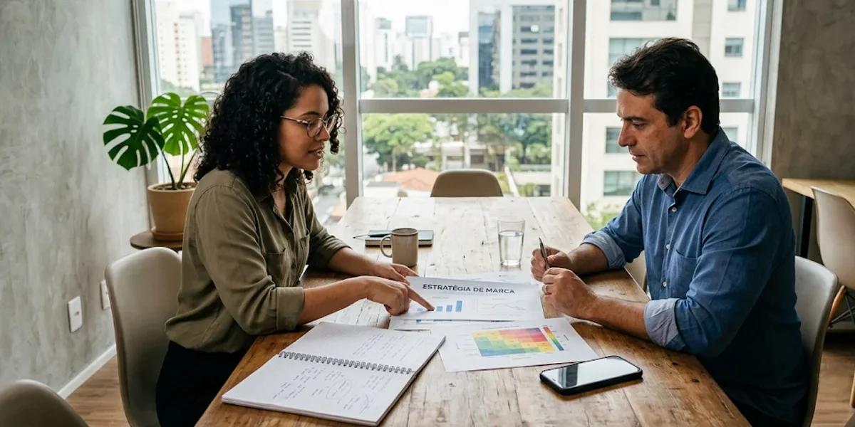 estrategia-branding-baseado-em-dados-marketing Profissional de marketing aponta para um gráfico de posicionamento de marca impresso em uma mesa de reunião com um notebook.