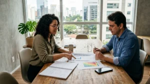 Profissional de marketing aponta para um gráfico de posicionamento de marca impresso em uma mesa de reunião com um notebook.