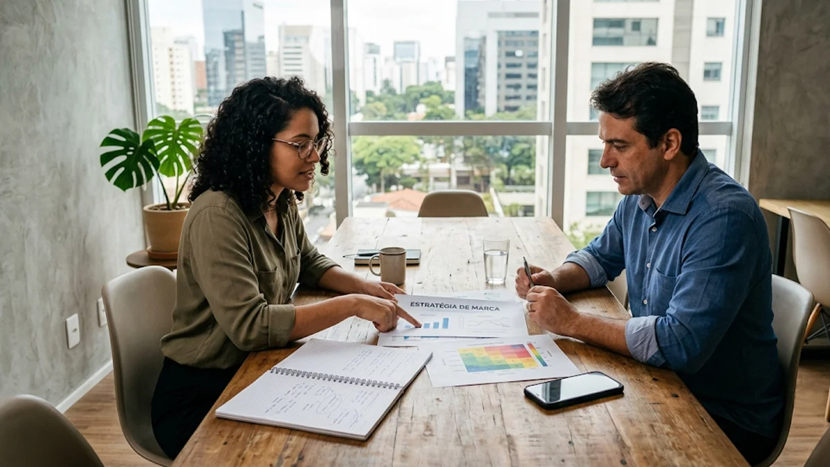 estrategia-branding-baseado-em-dados-marketing Profissional de marketing aponta para um gráfico de posicionamento de marca impresso em uma mesa de reunião com um notebook.