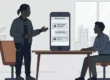 Ilustração em estilo flat de A$AP Rocky em uma reunião de negócios, com um smartphone ao centro exibindo mensagens de chat privado sobre confidencialidade.