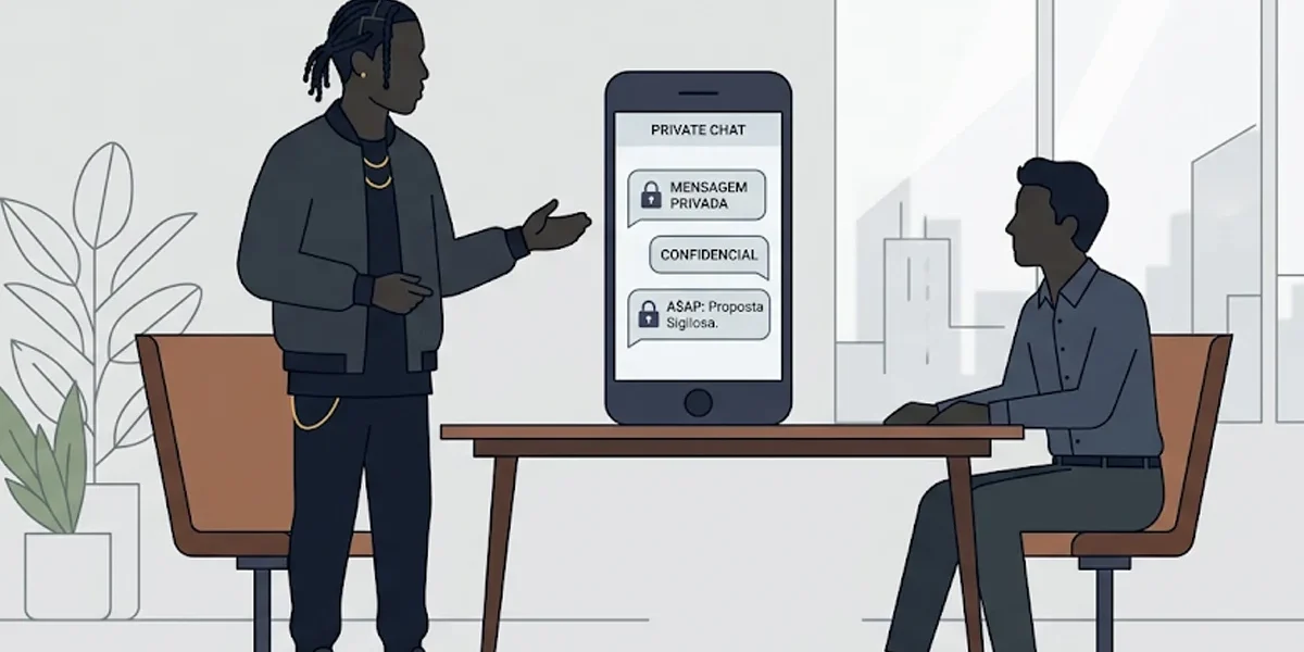 asap-rocky-designer-etica-confidencialidade-ilustracao Ilustração em estilo flat de A$AP Rocky em uma reunião de negócios, com um smartphone ao centro exibindo mensagens de chat privado sobre confidencialidade.