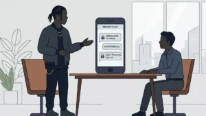 Ilustração em estilo flat de A$AP Rocky em uma reunião de negócios, com um smartphone ao centro exibindo mensagens de chat privado sobre confidencialidade.