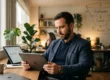 Homem de negócios sentado à mesa no escritório, analisando gráficos de desempenho de vendas e campanhas em um tablet com expressão de foco.
