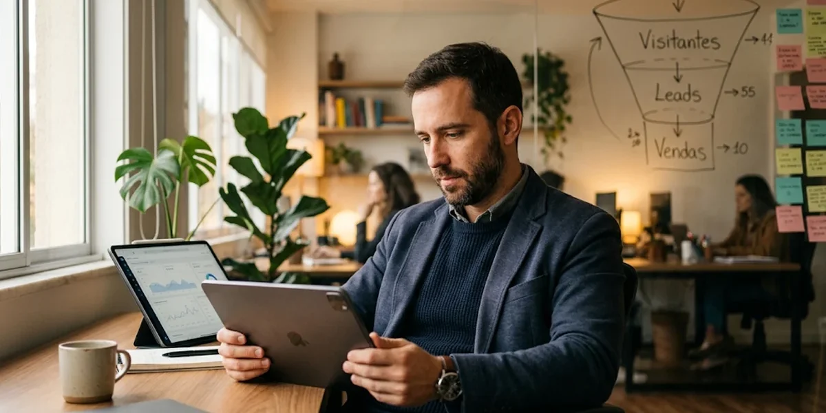 empresario-analisando-metricas-campanhas-de-anuncios Homem de negócios sentado à mesa no escritório, analisando gráficos de desempenho de vendas e campanhas em um tablet com expressão de foco.