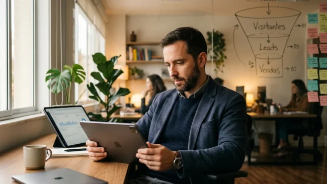 Homem de negócios sentado à mesa no escritório, analisando gráficos de desempenho de vendas e campanhas em um tablet com expressão de foco.