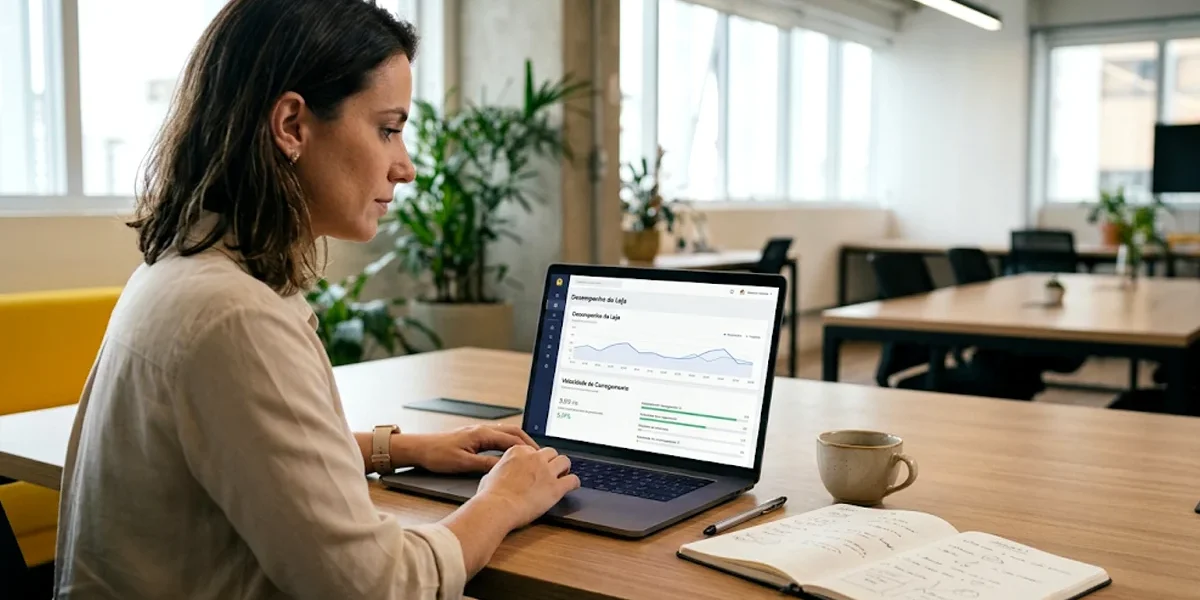 otimizacao-core-web-vitals-ecommerce-analise Especialista analisando métricas de velocidade e desempenho técnico de uma loja virtual em um computador portátil.