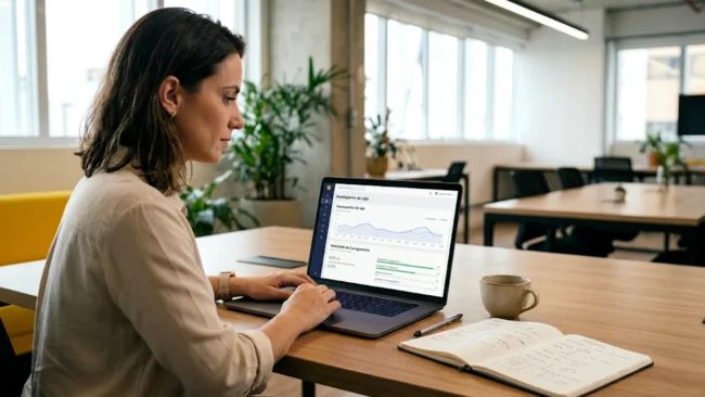 otimizacao-core-web-vitals-ecommerce-analise Especialista analisando métricas de velocidade e desempenho técnico de uma loja virtual em um computador portátil.